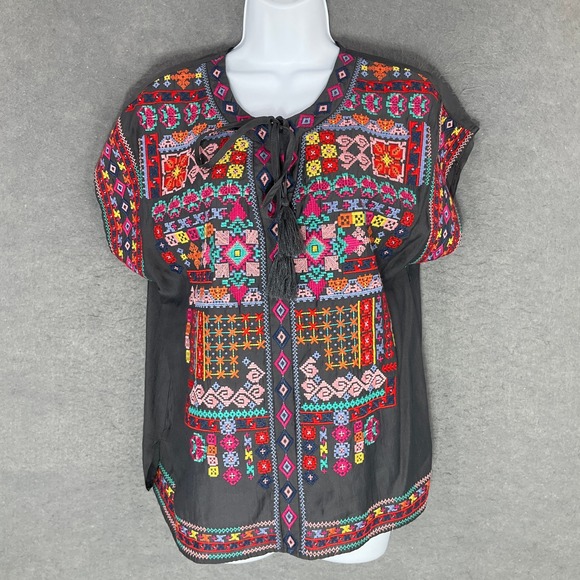Savanna Jane Tops - Savanna Jane Top Sz S Embroidered Blouse Gray‎ Colorful Bohemian Festival Tassel